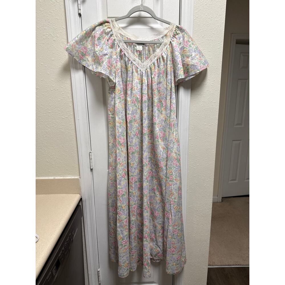 Vintage 80s Elana Rose Print V Neck Lace Trim Cottagecore Maxi Night Gown OS - Picture 2 of 7